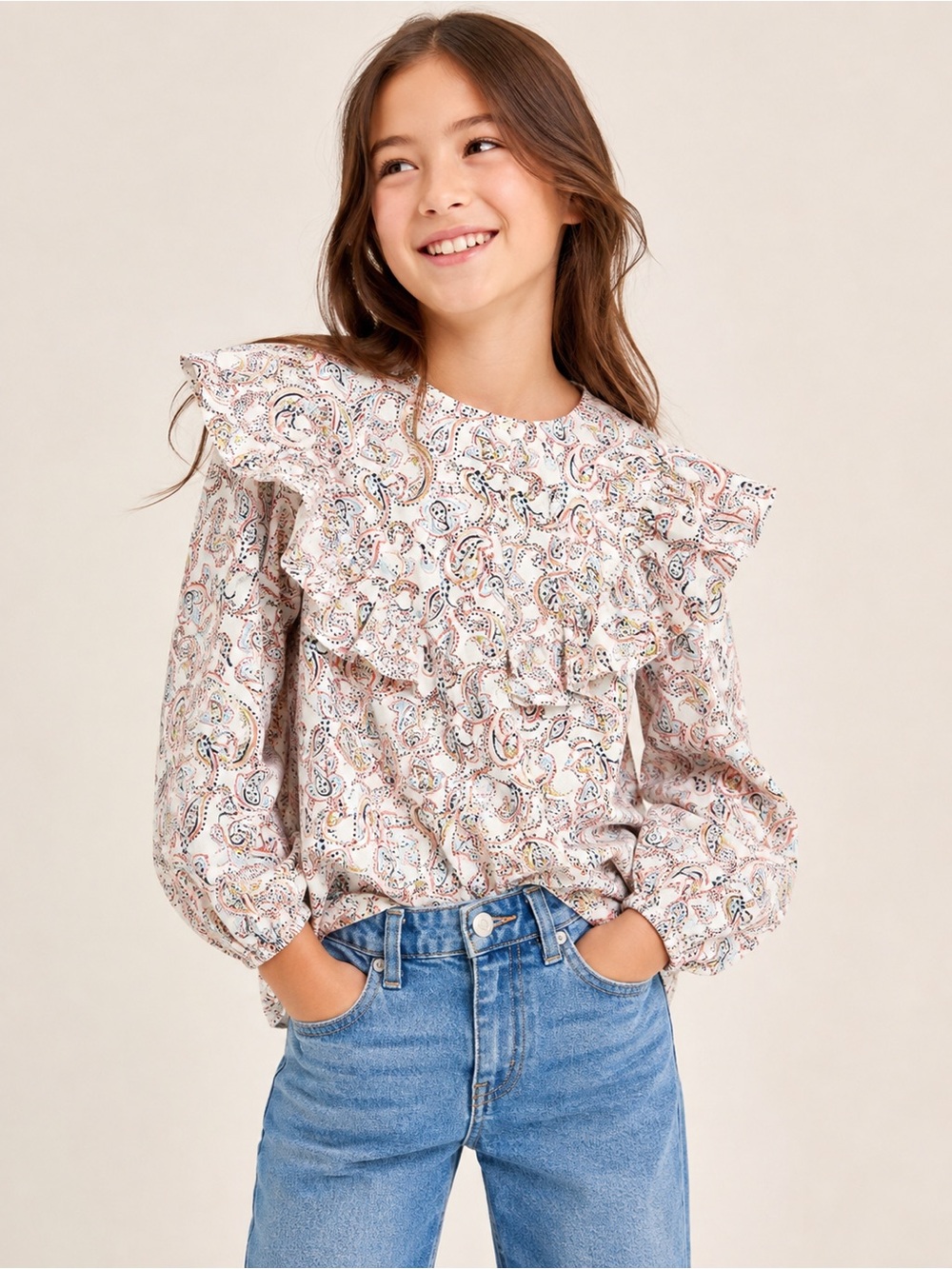 Crewcuts Girls' Cotton Poplin Prairie Ruffle Paisley Long Sleeve Top